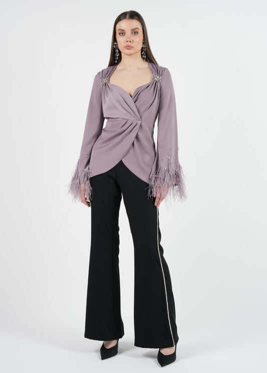 Embellished Feather Cuff Blouse with Lace-Up Back