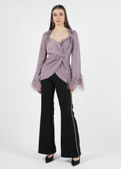 Embellished Feather Cuff Blouse with Lace-Up Back