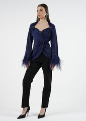 Embellished Feather Cuff Blouse with Lace-Up Back