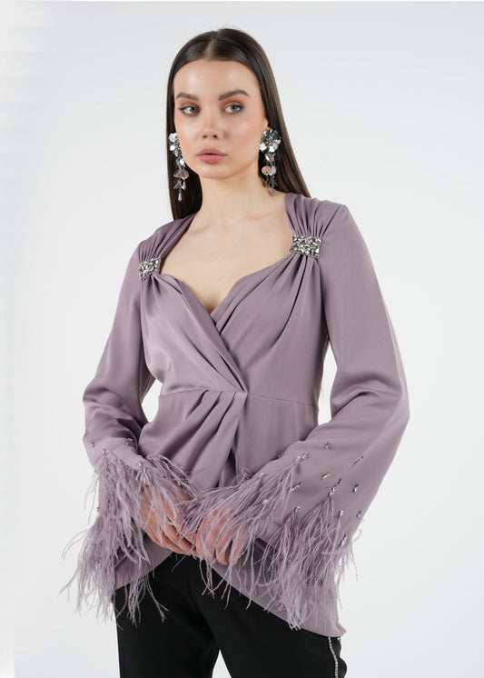Embellished Feather Cuff Blouse with Lace-Up Back