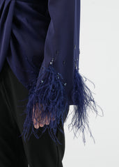 Embellished Feather Cuff Blouse with Lace-Up Back