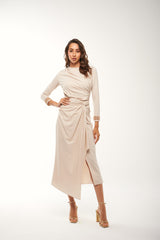 Draped Midi Skirt with Knot Waist and Asymmetric Hem