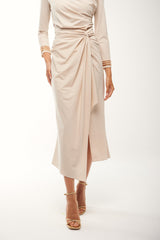 Draped Midi Skirt with Knot Waist and Asymmetric Hem