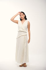 Sleeveless Wrap-Style Dress with Ruffle Trim