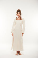 Shimmer-Striped Long Flared Dress with Contrast Stitching