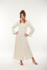 Shimmer-Striped Long Flared Dress with Contrast Stitching