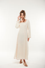 Shimmer-Striped Long Flared Dress with Contrast Stitching