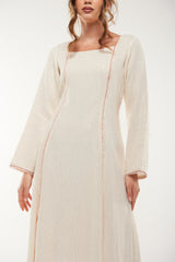 Shimmer-Striped Long Flared Dress with Contrast Stitching