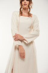 Shimmer-Striped Long Flared Dress with Contrast Stitching