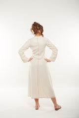 Shimmer-Striped Long Flared Dress with Contrast Stitching