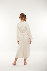 Shimmer-Striped Long Flared Dress with Contrast Stitching