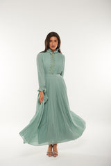 Pleated High-Neck Maxi Dress with Lace Trim