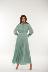 Pleated High-Neck Maxi Dress with Lace Trim