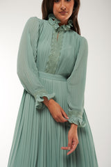Pleated High-Neck Maxi Dress with Lace Trim
