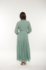 Pleated High-Neck Maxi Dress with Lace Trim