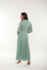 Pleated High-Neck Maxi Dress with Lace Trim