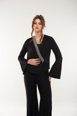 Embellished Wrap Blouse with Flared Sleeves