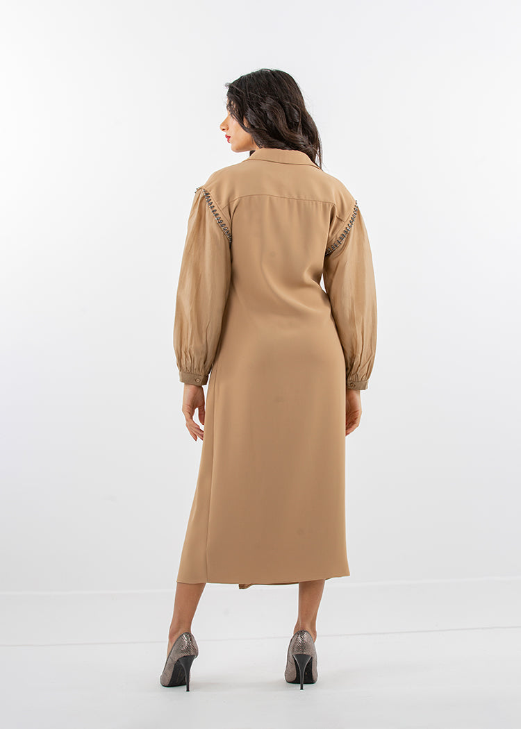 Structured Midi Dress with Embellished Puff Sleeves - Montania Shop