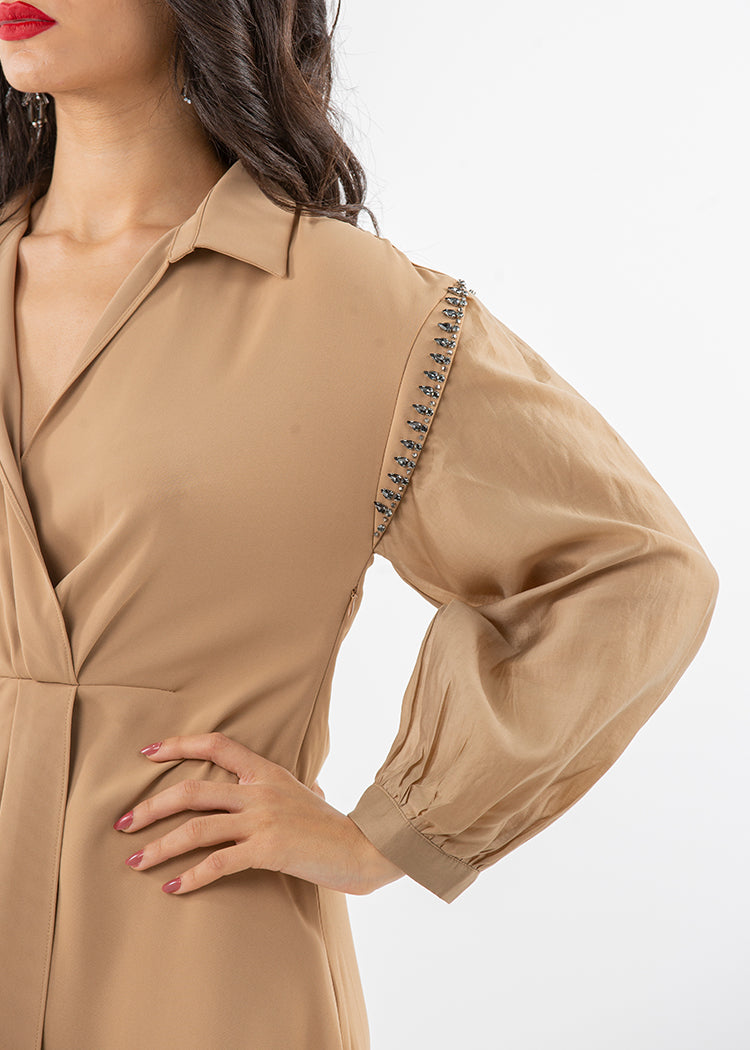 Structured Midi Dress with Embellished Puff Sleeves - Montania Shop