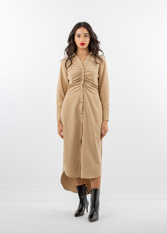 Suede Midi Shirt Dress with Ruched Front Detail - Montania Shop