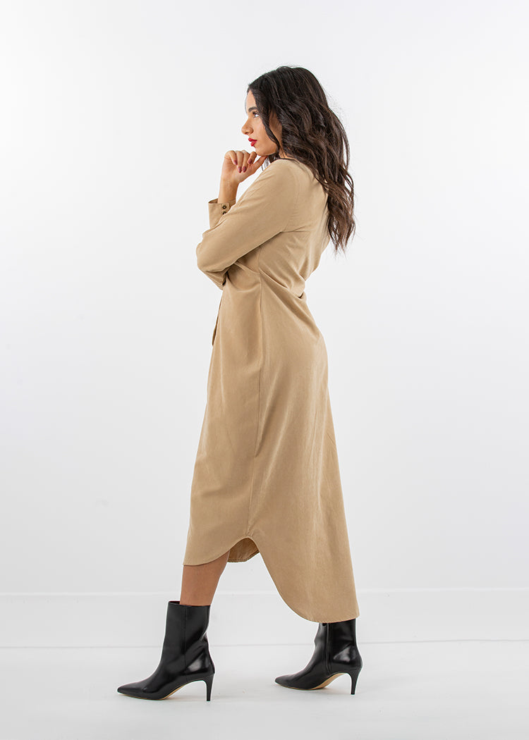 Suede Midi Shirt Dress with Ruched Front Detail - Montania Shop