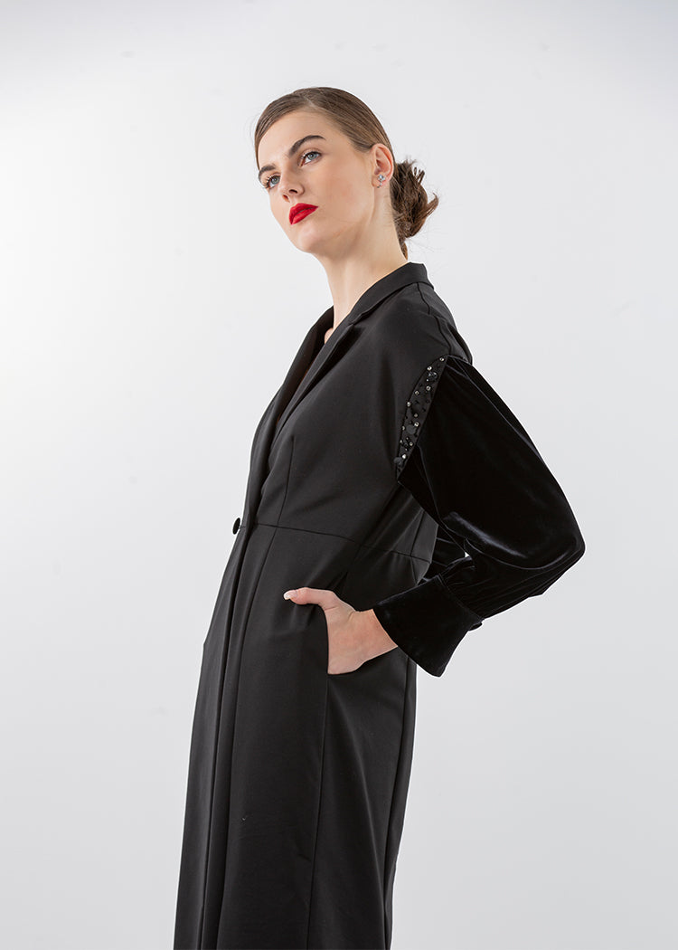 Long Tailored Coat Dress with Velvet Embellished Sleeves - Montania Shop