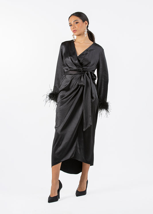 2306210-Asymetrical Long Sleeves Dress With Feathered Cuff - Montania Shop