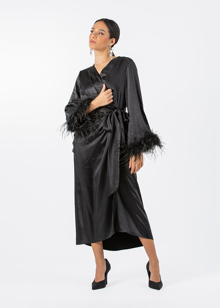 2306210-Asymetrical Long Sleeves Dress With Feathered Cuff - Montania Shop