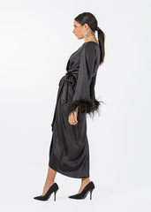 2306210-Asymetrical Long Sleeves Dress With Feathered Cuff - Montania Shop