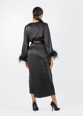 2306210-Asymetrical Long Sleeves Dress With Feathered Cuff - Montania Shop