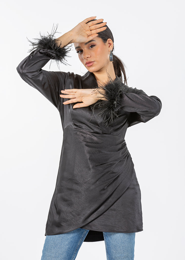 2306200-Long Sleeve Top with Feather Cuff Detail - Montania Shop
