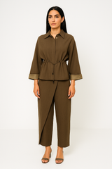 Drawstring Waist Jacket with Contrast Cuffs