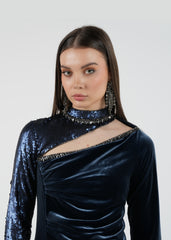 Asymmetrical Velvet Gown with Sequin Embellishment