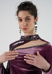Asymmetrical Velvet Gown with Sequin Embellishment