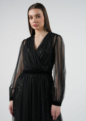 Elegant Sheer Long Dress with Sequins and Velvet Accents