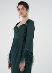 Elegant Feather Cuff Maxi Dress with Crystal Embellishments
