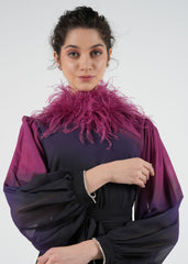 Feather-Embellished Ombre Pleated Maxi Dress