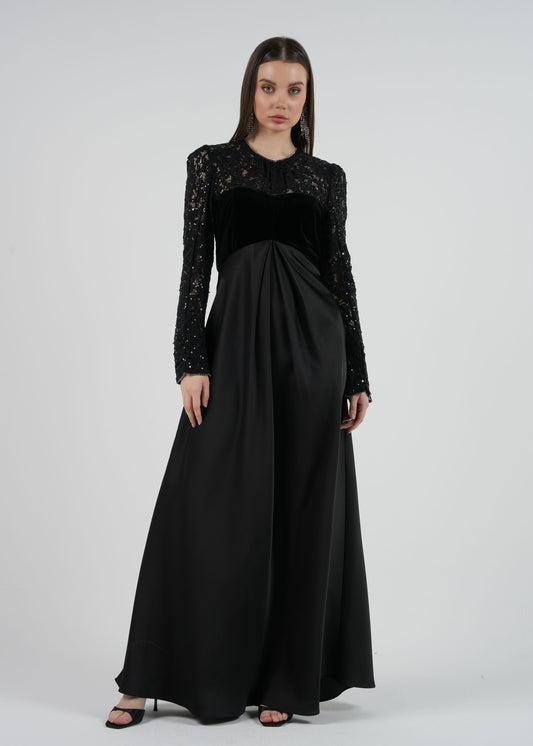 Elegant Black Lace and Velvet Evening Gown