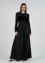 Elegant Black Lace and Velvet Evening Gown