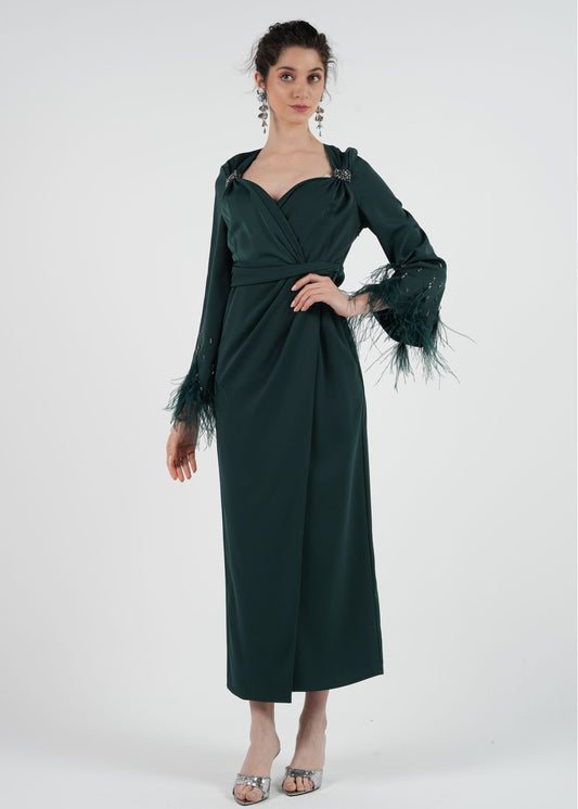 Elegant Feather Cuff Maxi Dress with Crystal Embellishments