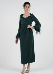 Elegant Feather Cuff Maxi Dress with Crystal Embellishments