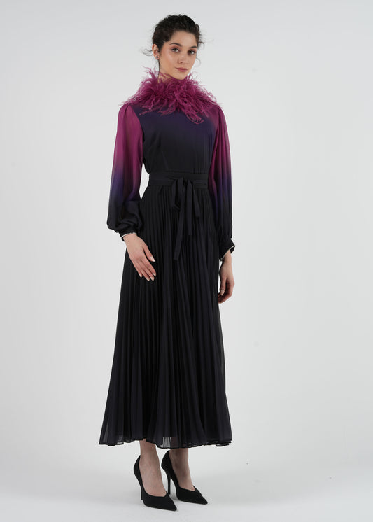 Feather-Embellished Ombre Pleated Maxi Dress