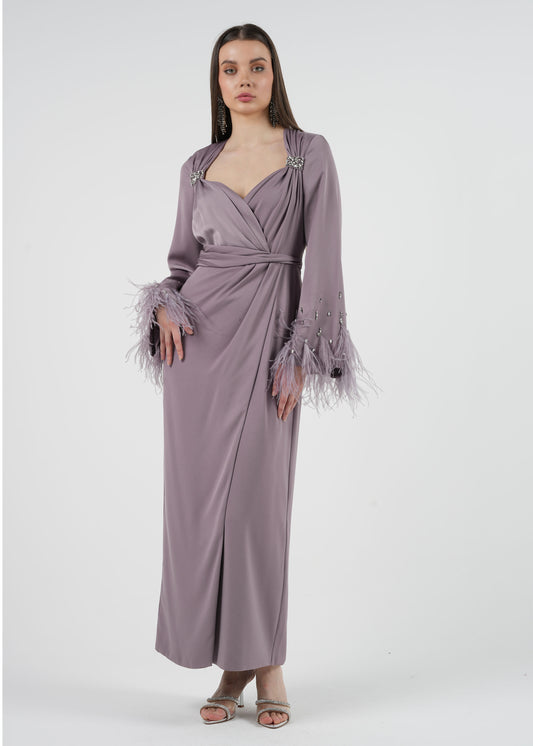 Elegant Feather Cuff Maxi Dress with Crystal Embellishments