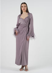 Elegant Feather Cuff Maxi Dress with Crystal Embellishments