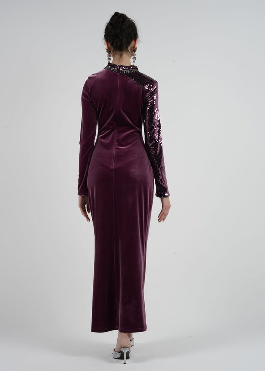 Asymmetrical Velvet Gown with Sequin Embellishment