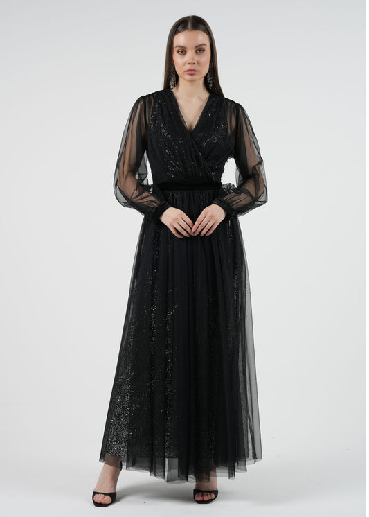 Elegant Sheer Long Dress with Sequins and Velvet Accents