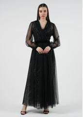 Elegant Sheer Long Dress with Sequins and Velvet Accents