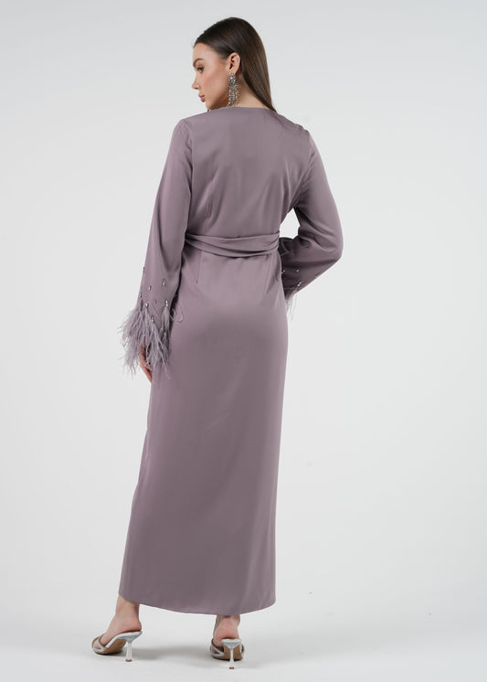 Elegant Feather Cuff Maxi Dress with Crystal Embellishments