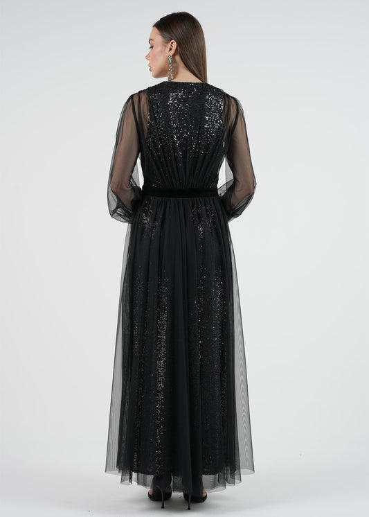 Elegant Sheer Long Dress with Sequins and Velvet Accents