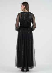 Elegant Sheer Long Dress with Sequins and Velvet Accents